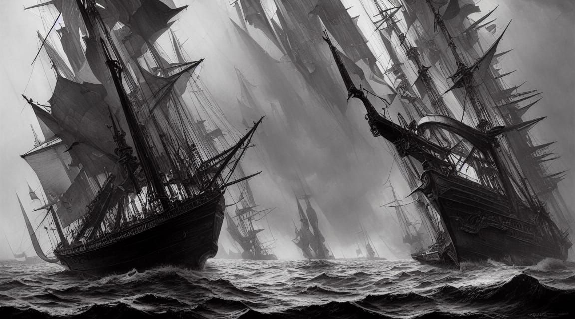 Ghost Ship Sails Sea of Blood, Art Nouveau Style