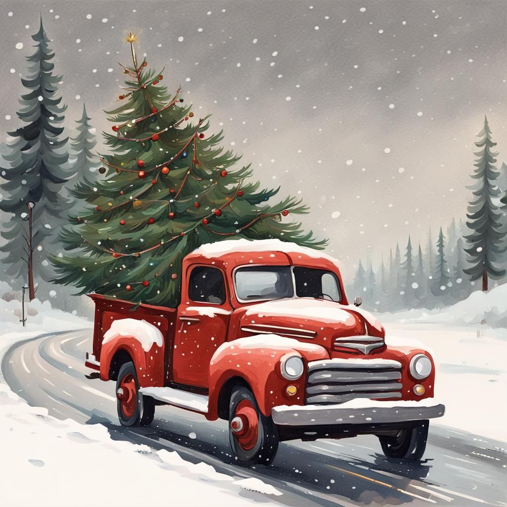 Vintage Red Truck on Snowy Christmas Road