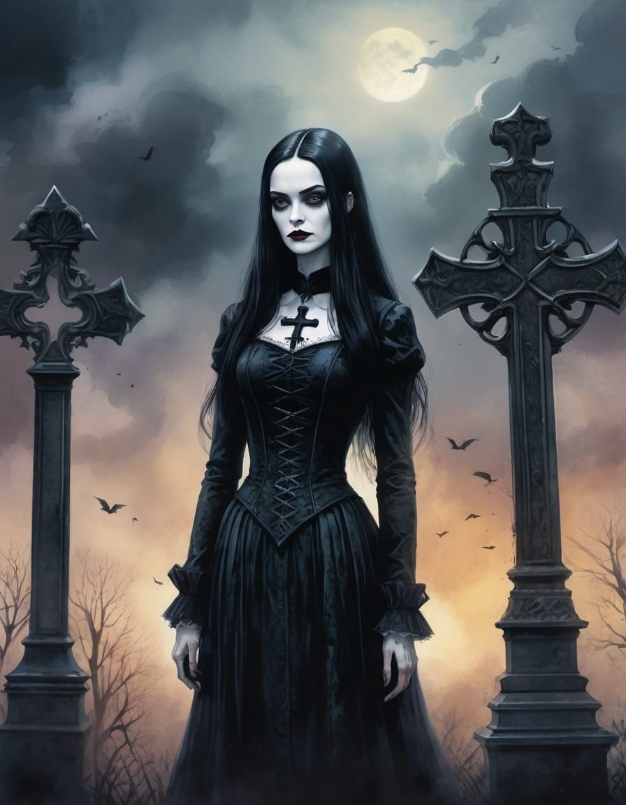 Eerie Gothic Illustration of Wednesday and Morticia Addams