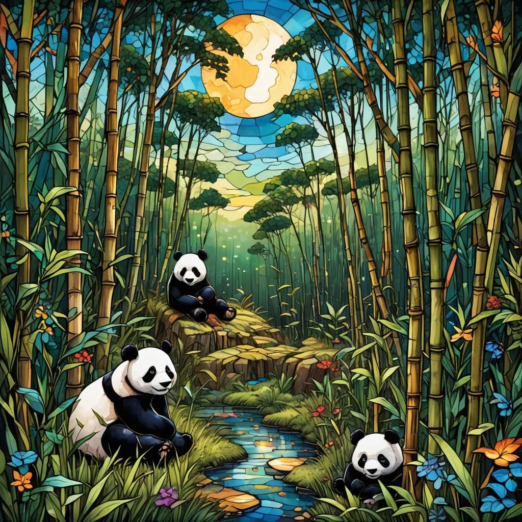 Colorful Panda in Bamboo Forest Mosaic Art