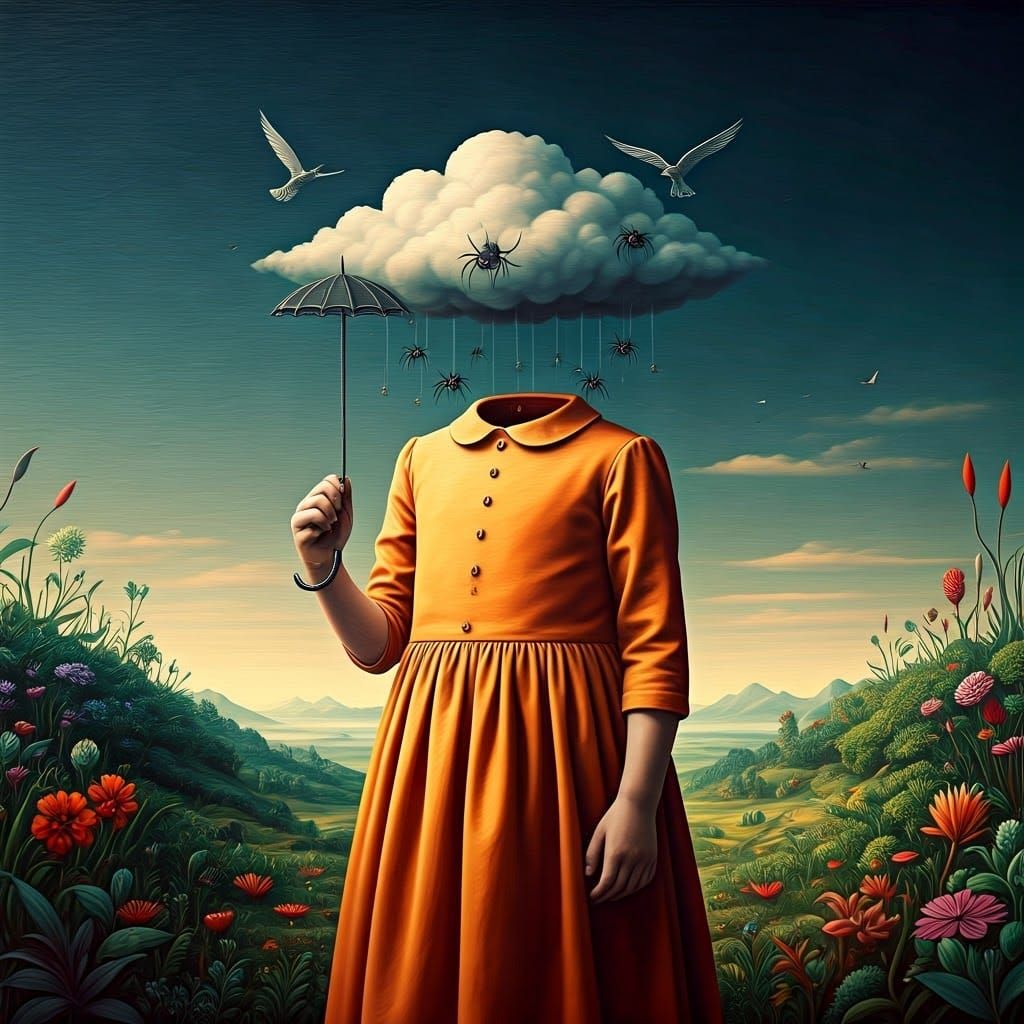Surreal Child with Cloud Head and Spider Rain Holding Umbrel...