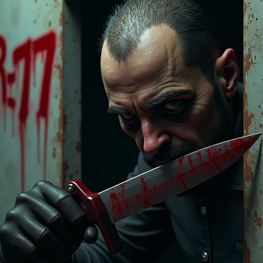 Killer with Bloody Knife in Dark Fantasy Style