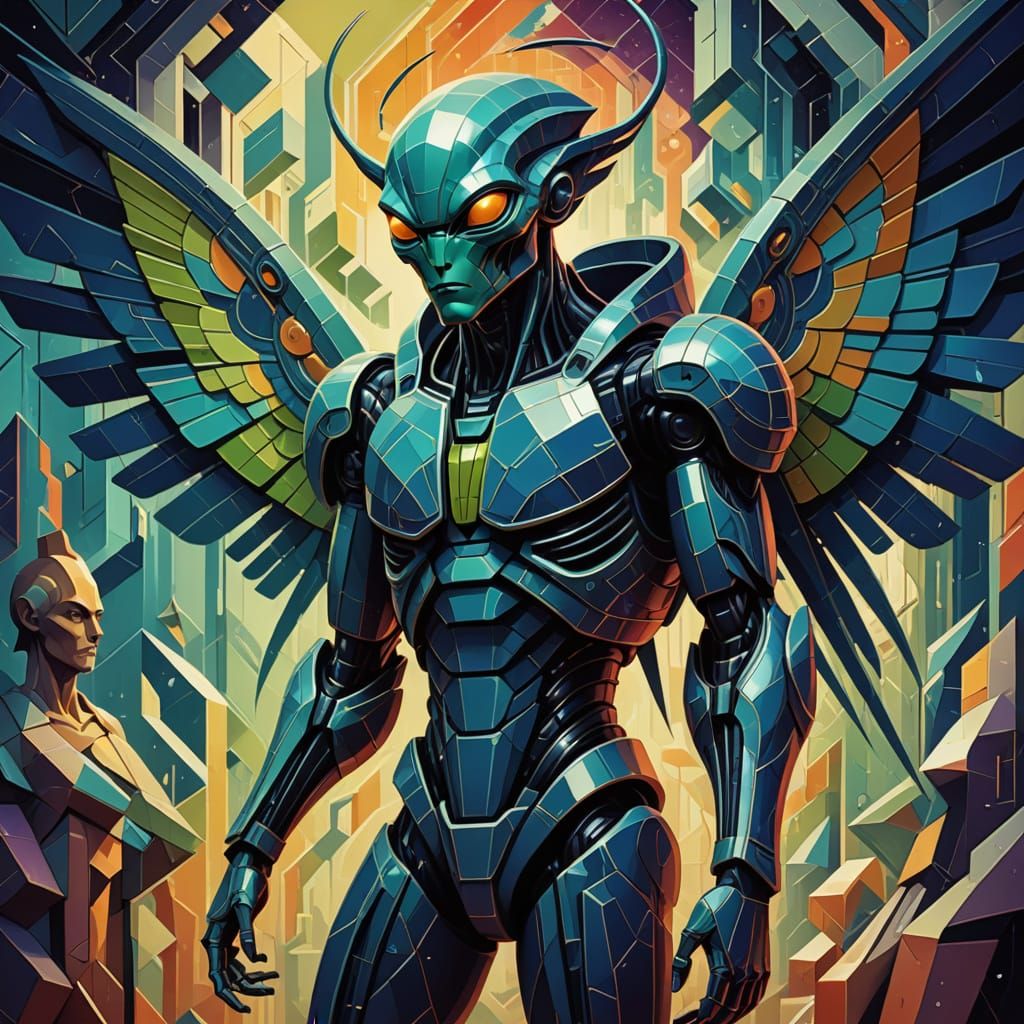 Alien Encounter with Angel in Cubist Art Deco Style