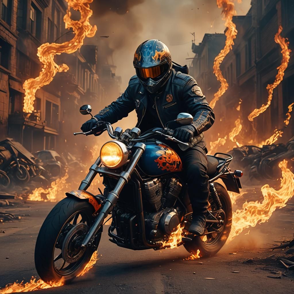 Hero on Motorcycle Amidst Flames: Cinematic Film Still