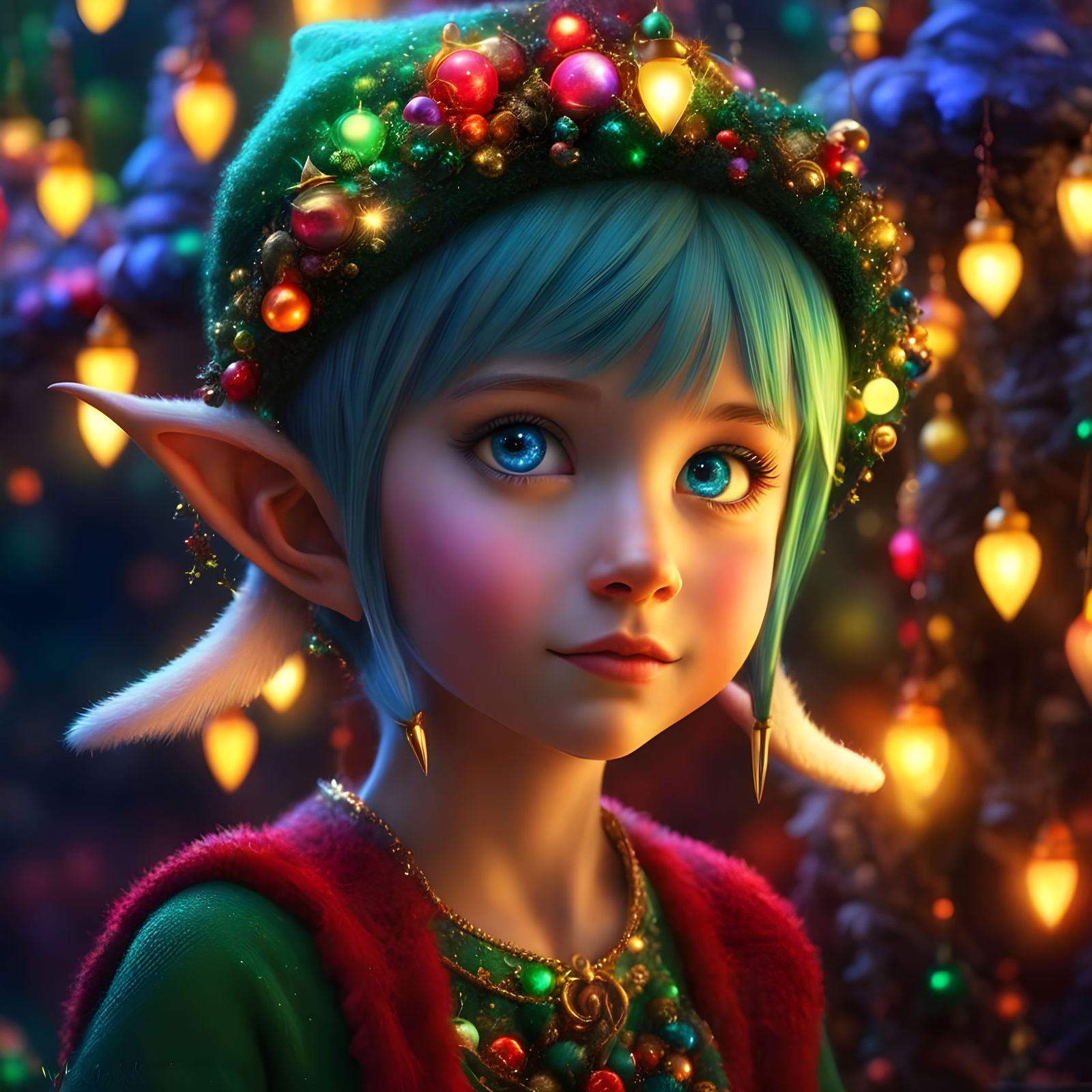 Enchanting Christmas Elf Admires Sparkling Lights
