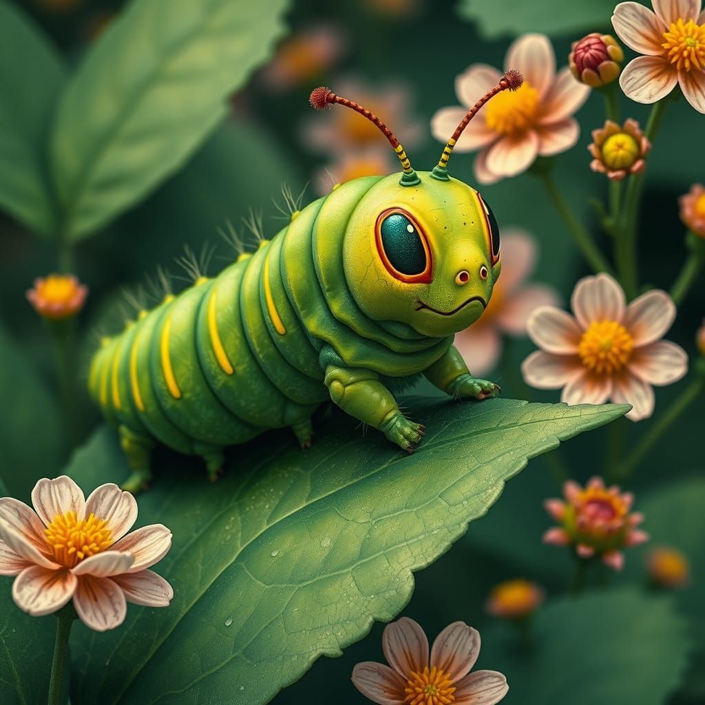 Whimsical Caterpillar on Leaf in Painterly Style