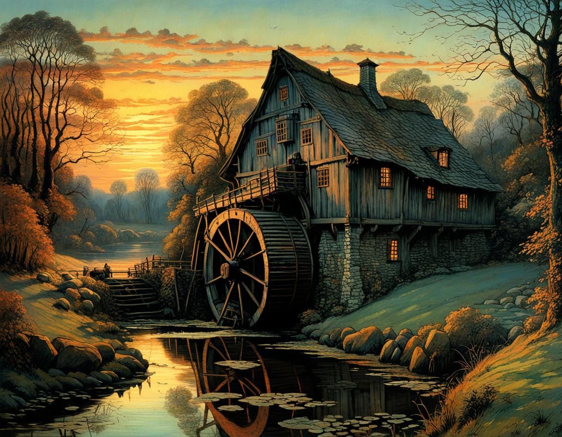Historic Watermill in Mysterious Noctilucent Evening Light