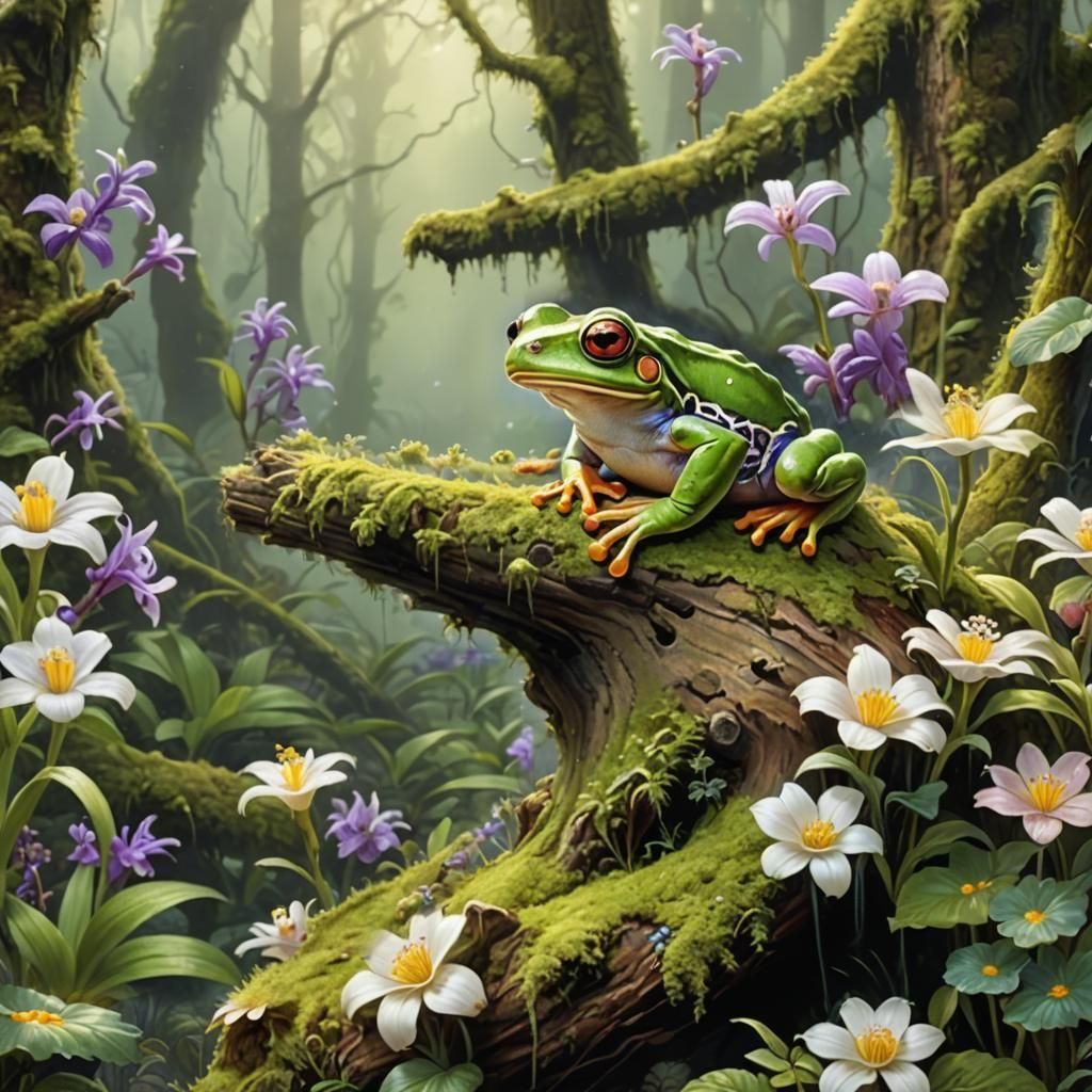 Tree Frog in Lush Rainforest, Kinkade Style