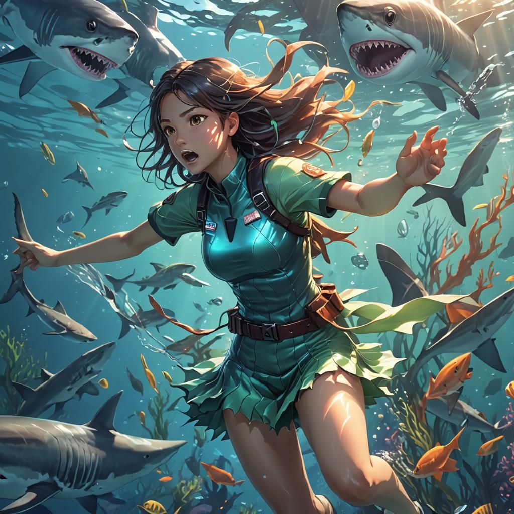 Girl Fighting Shark Underwater in Anime Style