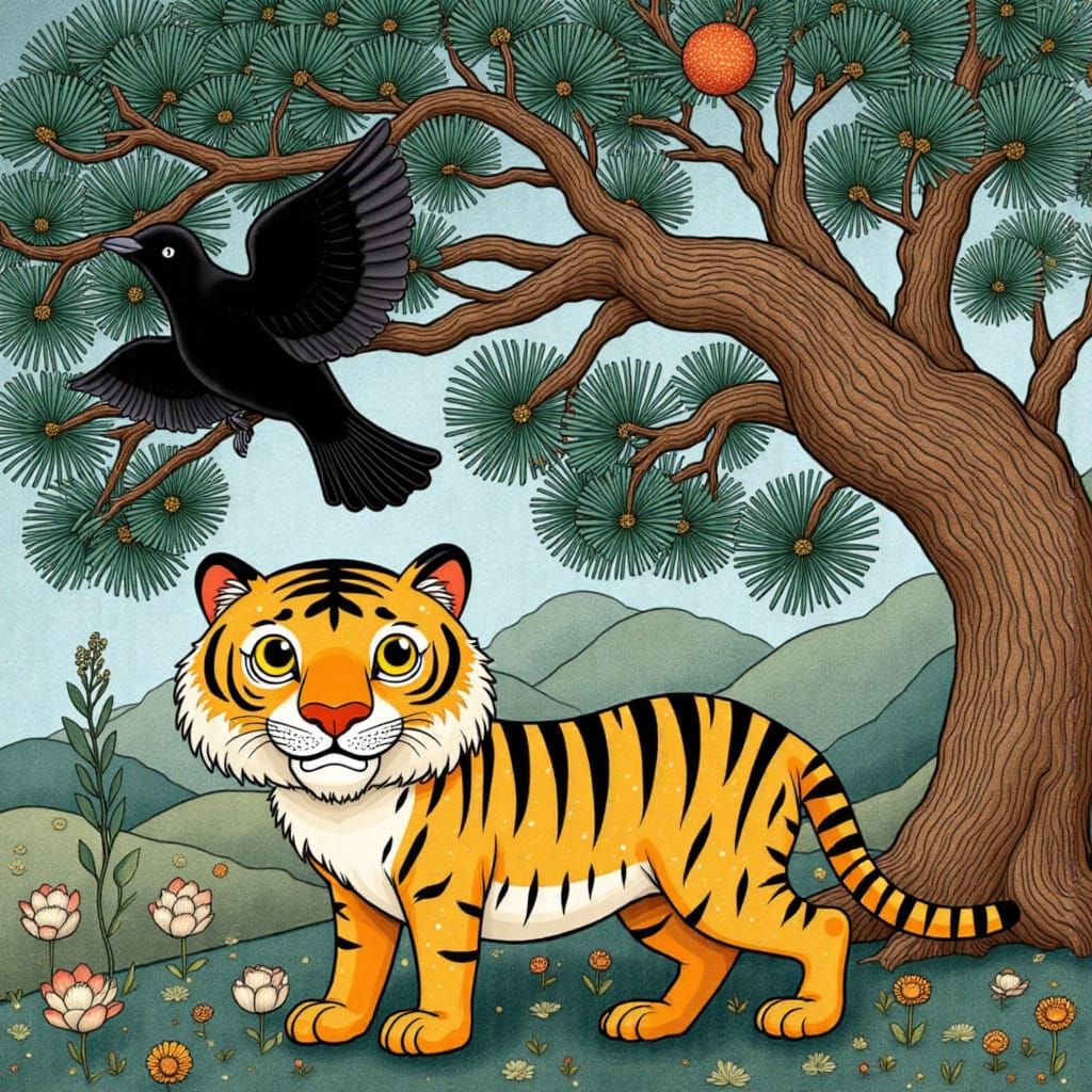 Derpy Tiger and Magpie in Korean Folk Art Style