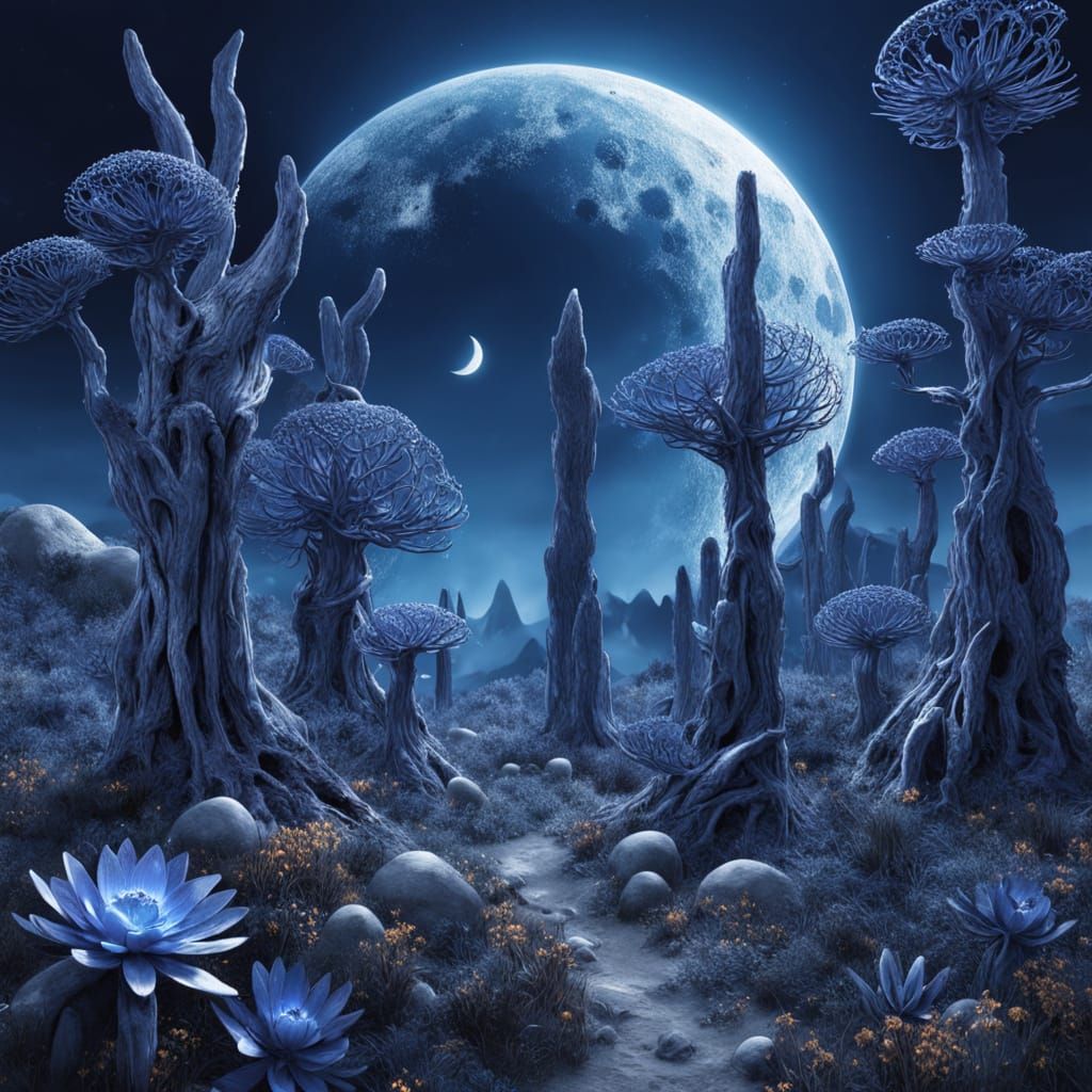 Ancient Moon Over Crystalline Landscape with Bioluminescent ...