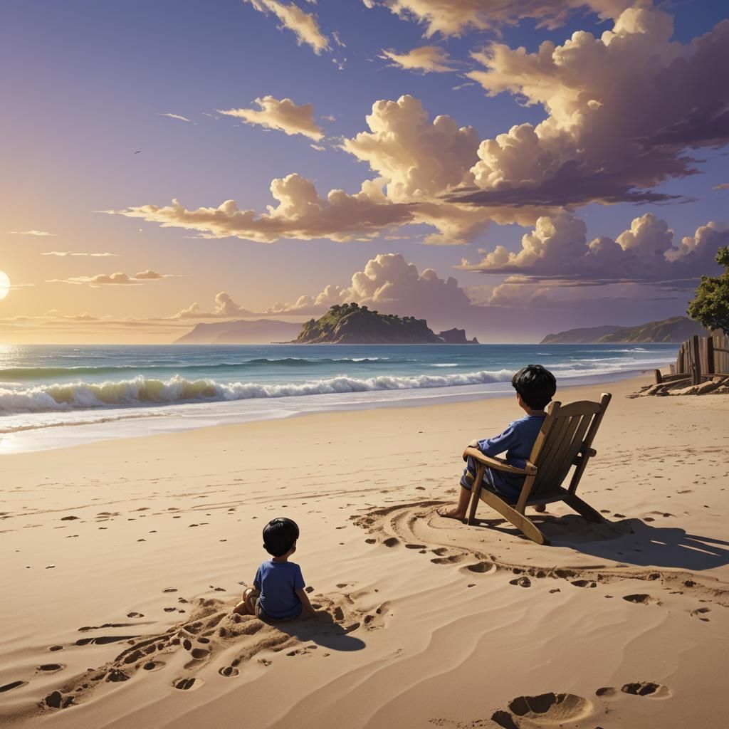 Seaside Sunset: Empty Chair and Boy at Play