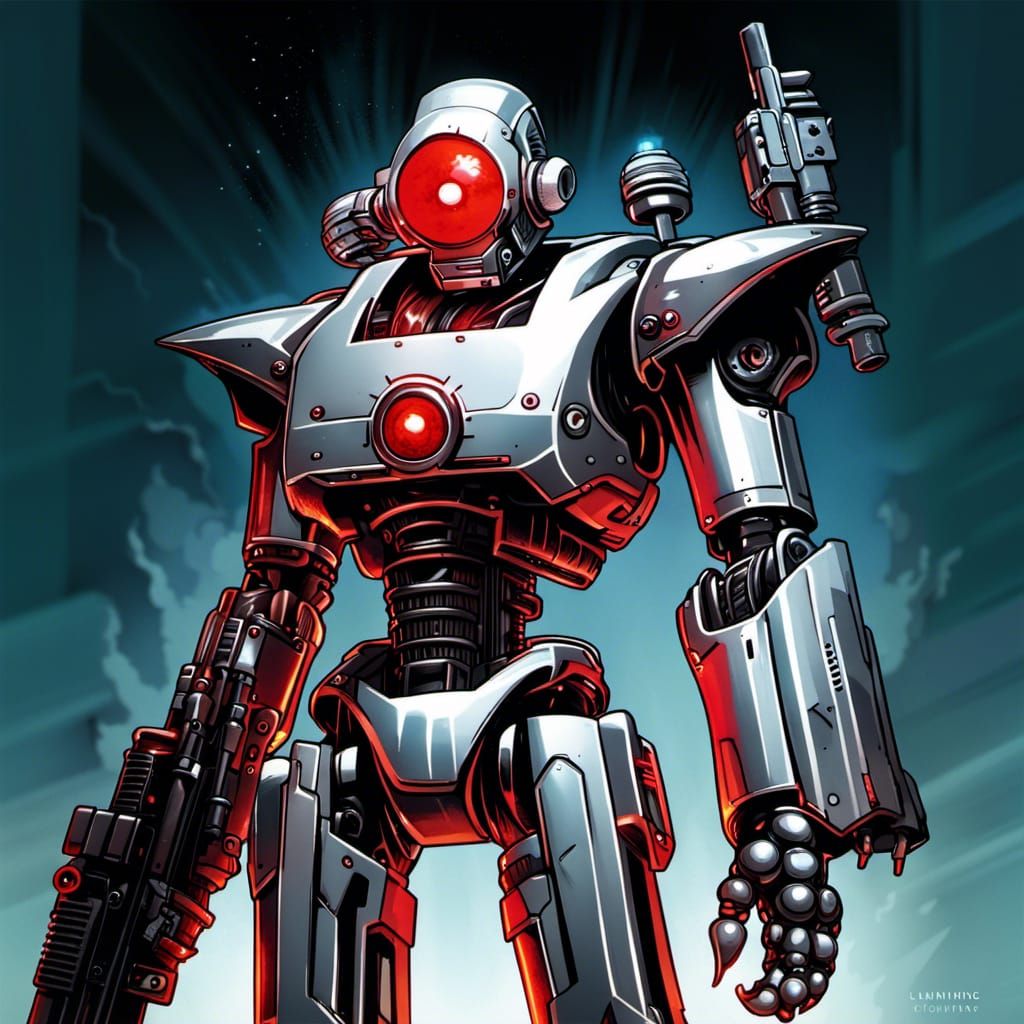 Anime Robot with Red Eye and Minigun Arms