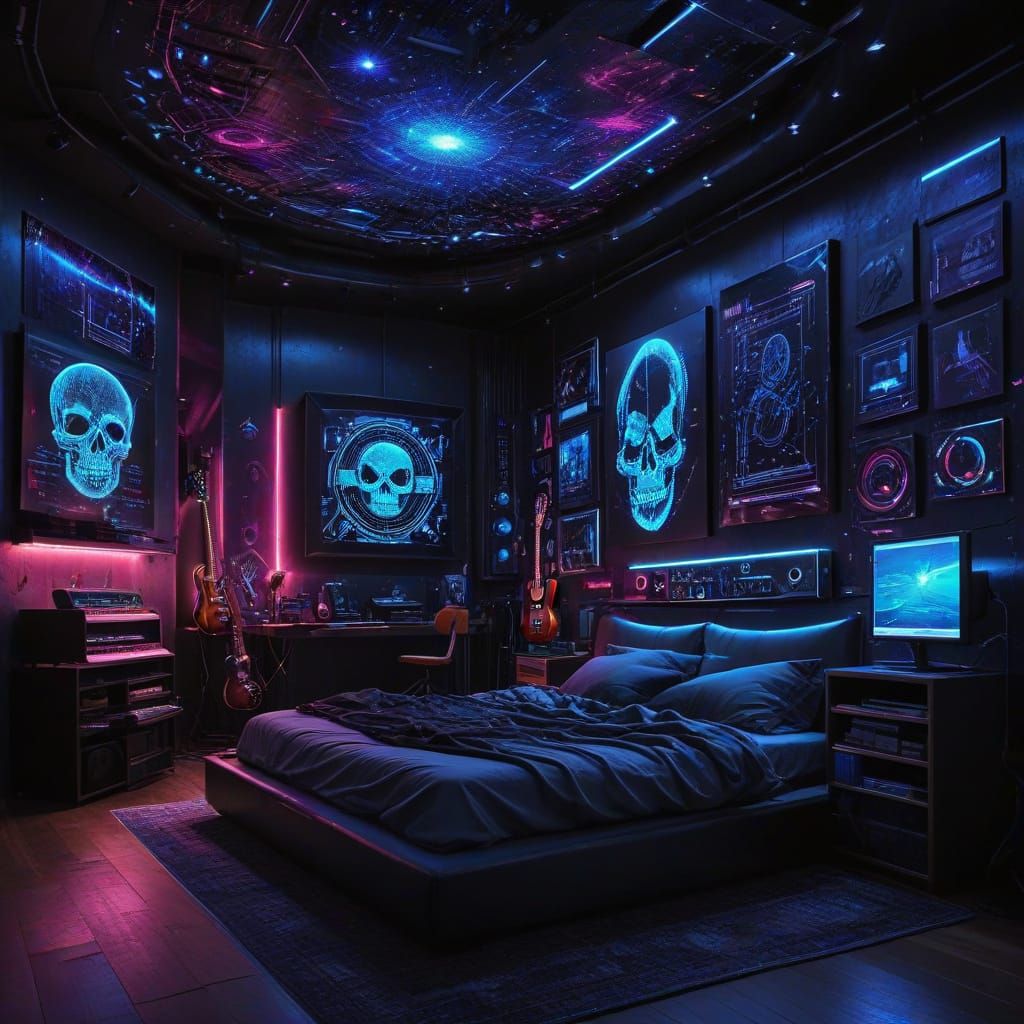 Dark Futuristic Bedroom Sanctuary in Neon and Metal