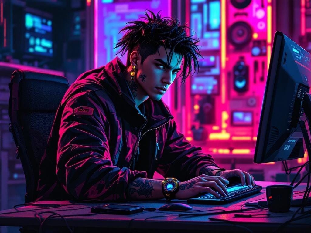 Young Hacker in Cyberpunk Synthwave Digital Art