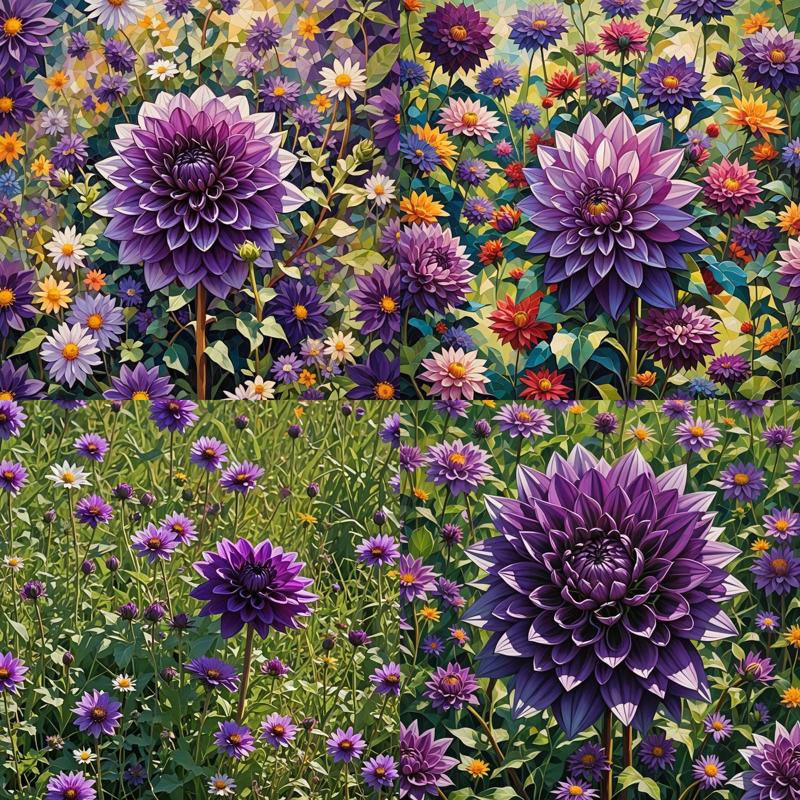 Purple Dahlia in Wildflower Garden: Cubist Aesthetic