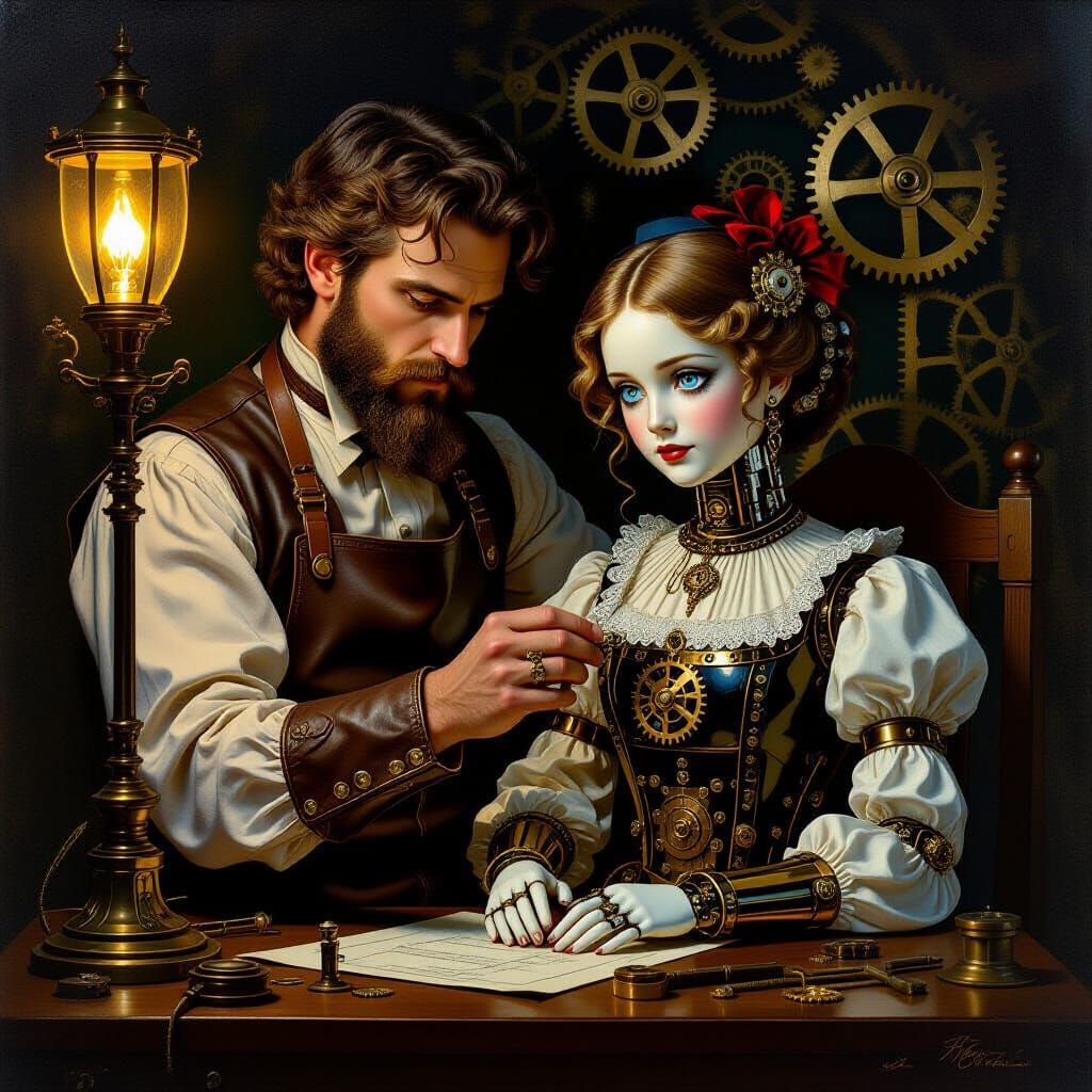 Victorian Inventor Adjusts Clockwork Daughter in Gaslit Work...