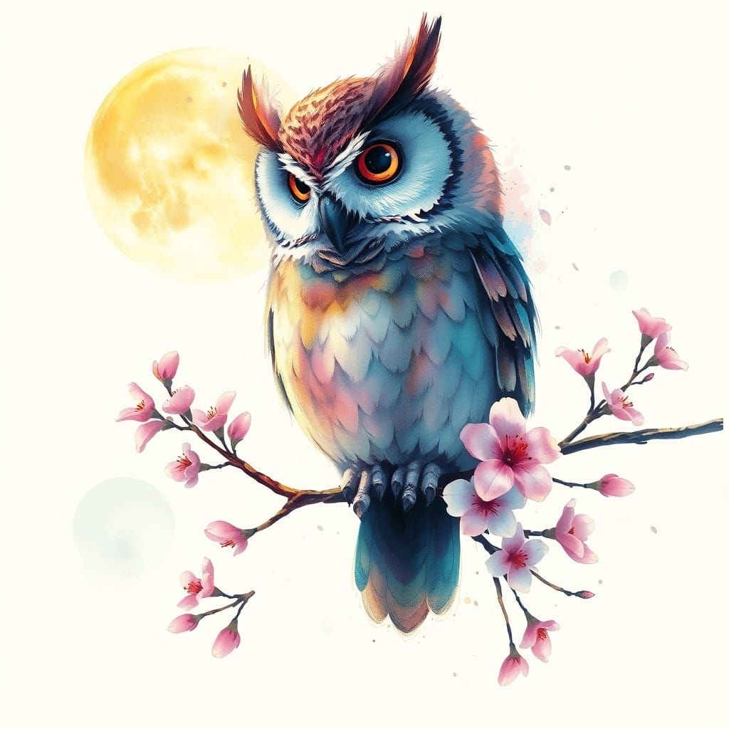 Surreal Owl Blossoms Under Moonlight in Vibrant Pastel
