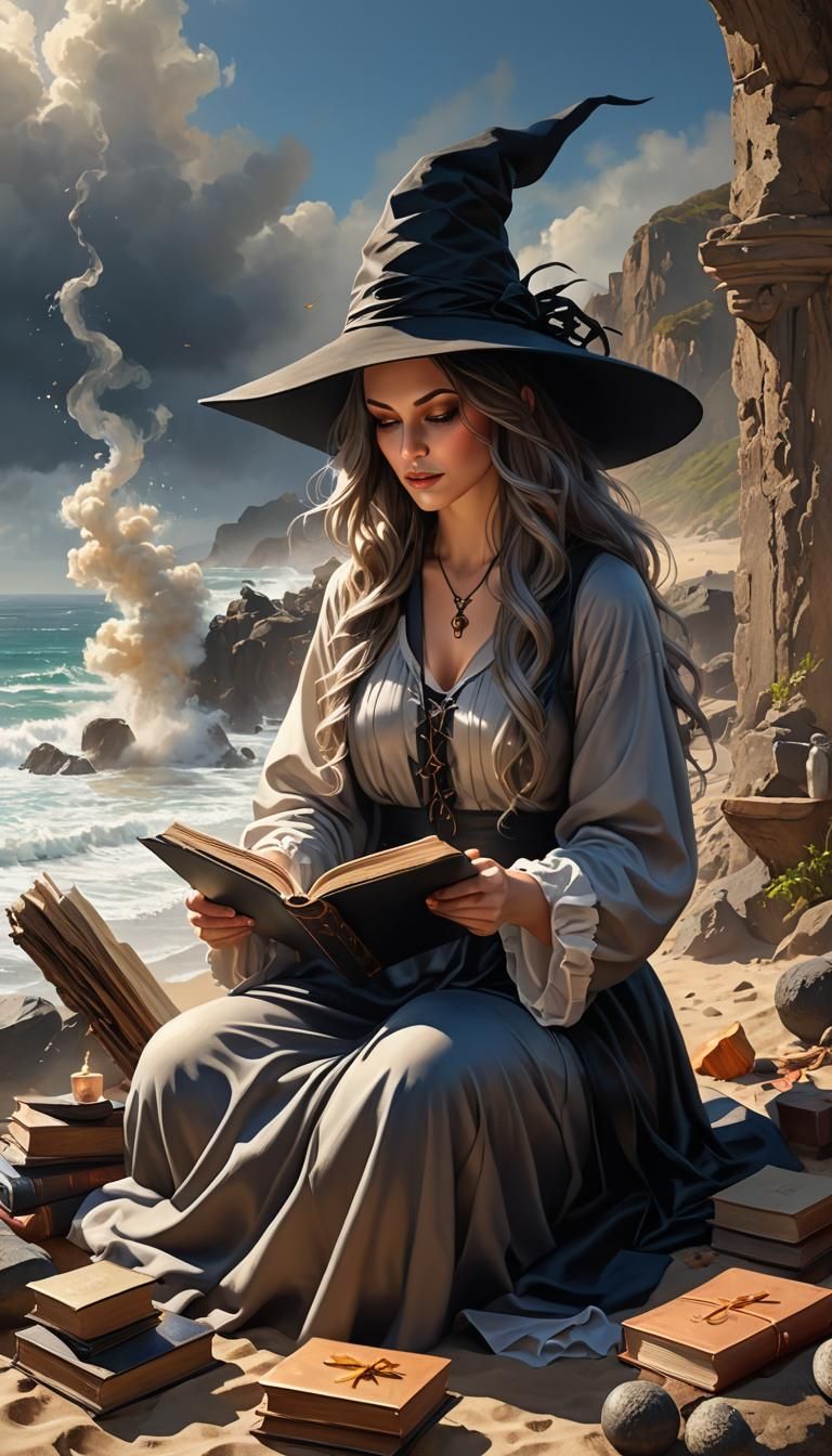 Attractive Witch Reading on Beach in Hyperrealistic Style