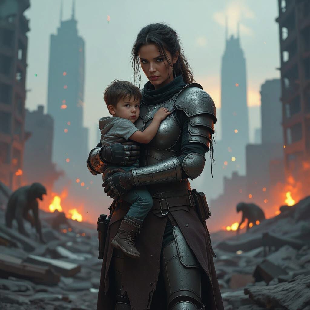 Courageous Mother Shields Son in Apocalyptic Ruins