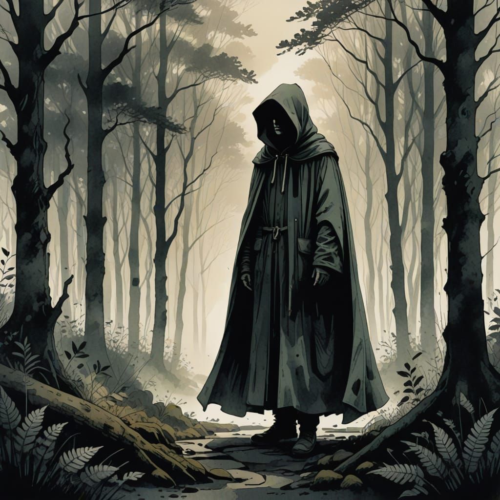 Mysterious Figure in Misty Forest Whispers Ink Illustration