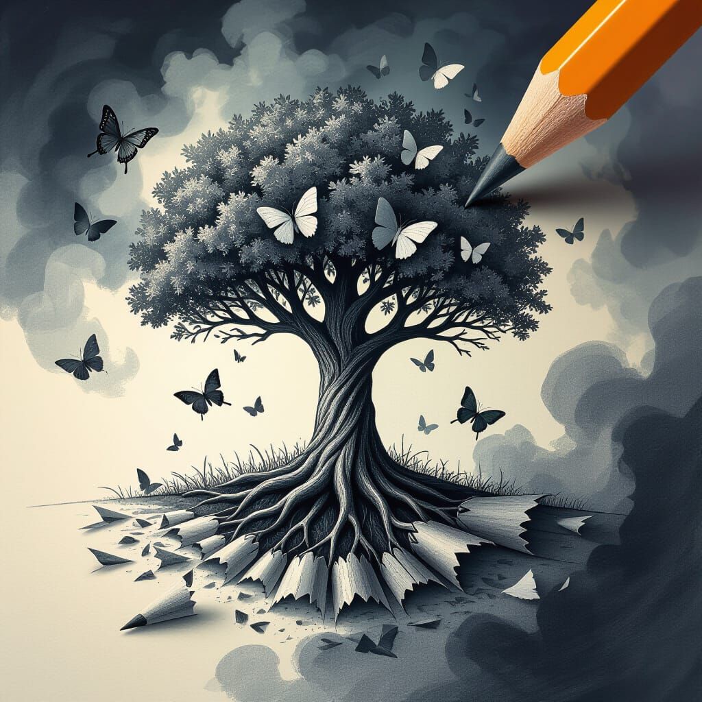 Fantastical Graphite Tree With Butterflies, Matte Painting S...