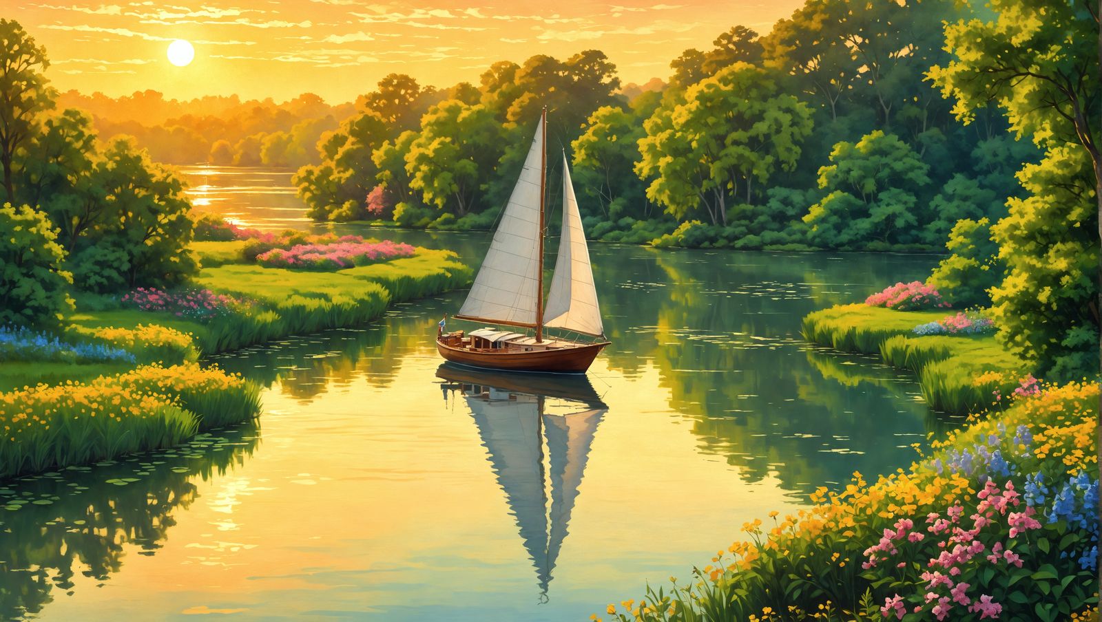 Sailboat on River in Impressionist Style