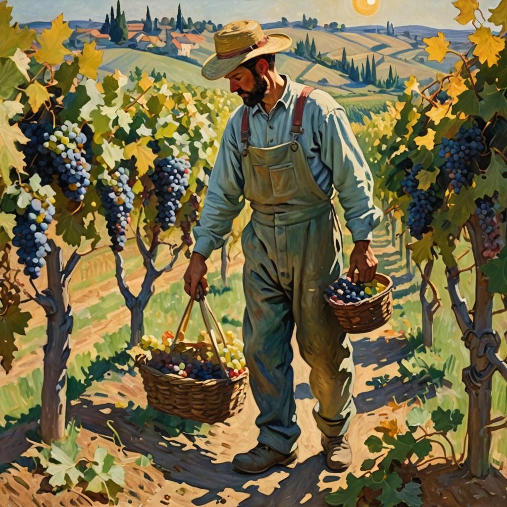Impressionist Vineyard Harvest in Golden Sunlight