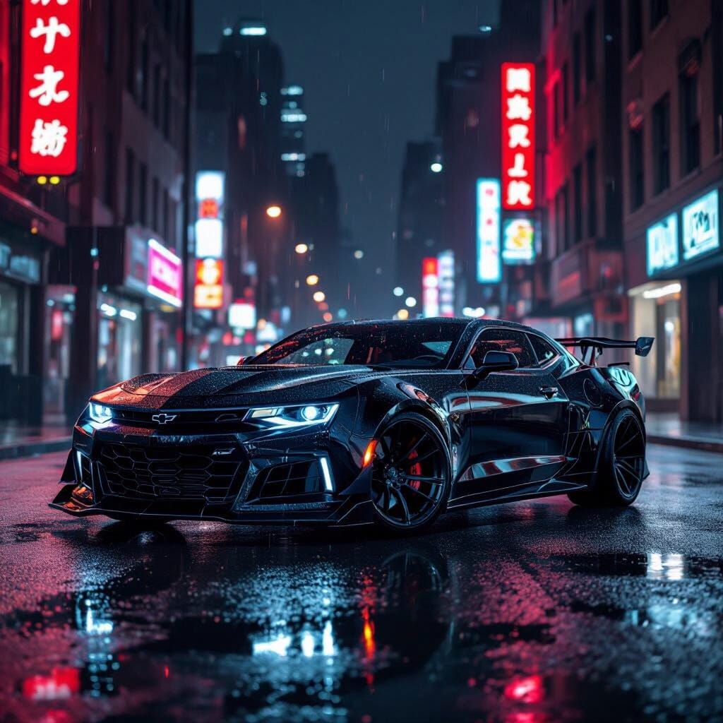 Menacing Black Widebody Camaro ZL1 on Wet City Street