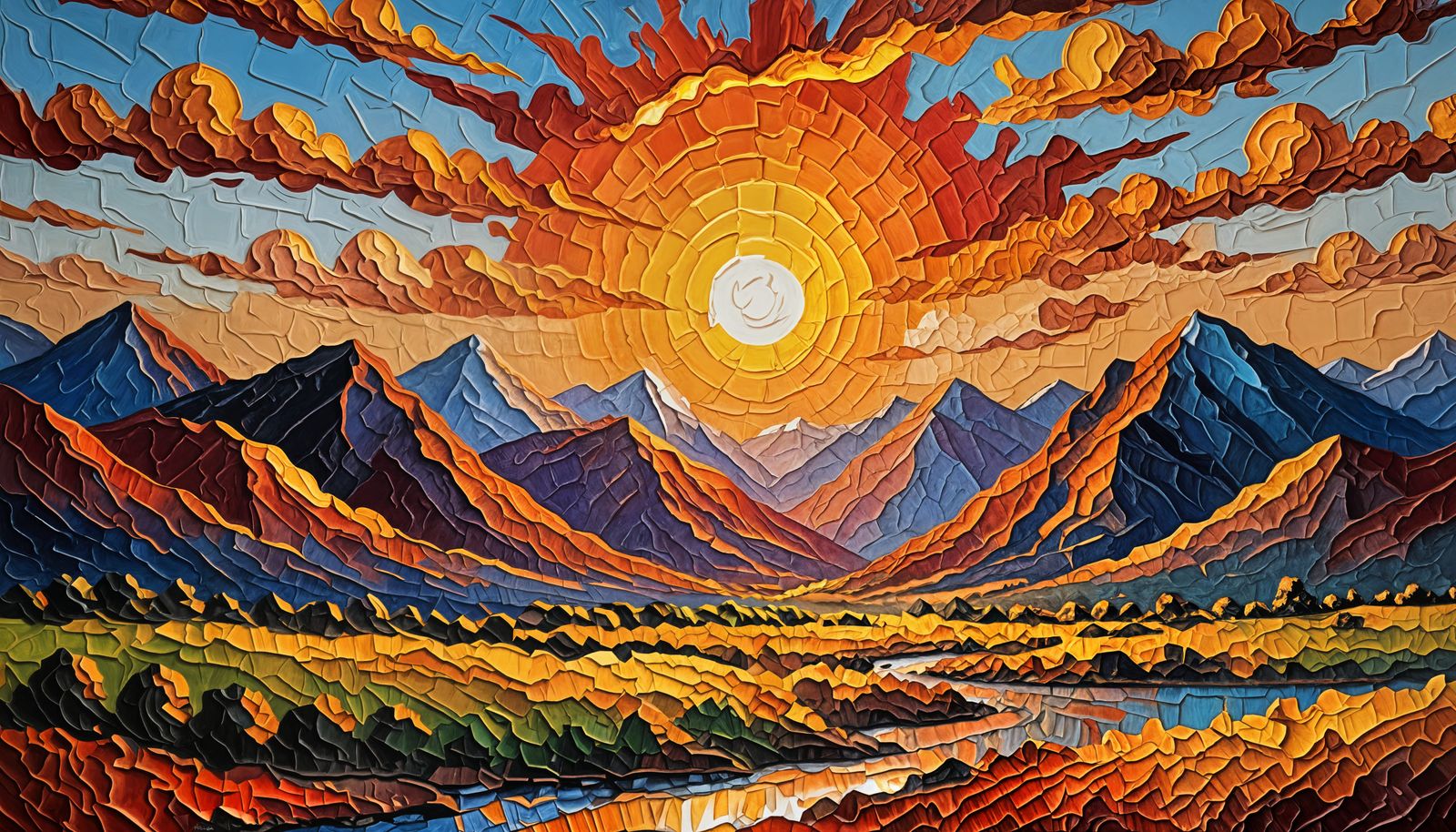 Vibrant Impasto Sunset Over Mountains Painting