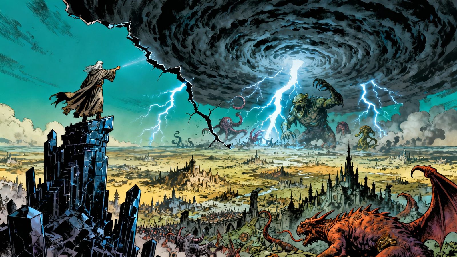 Wizard Conjures Sky Crack Above War-Torn Fantasy World