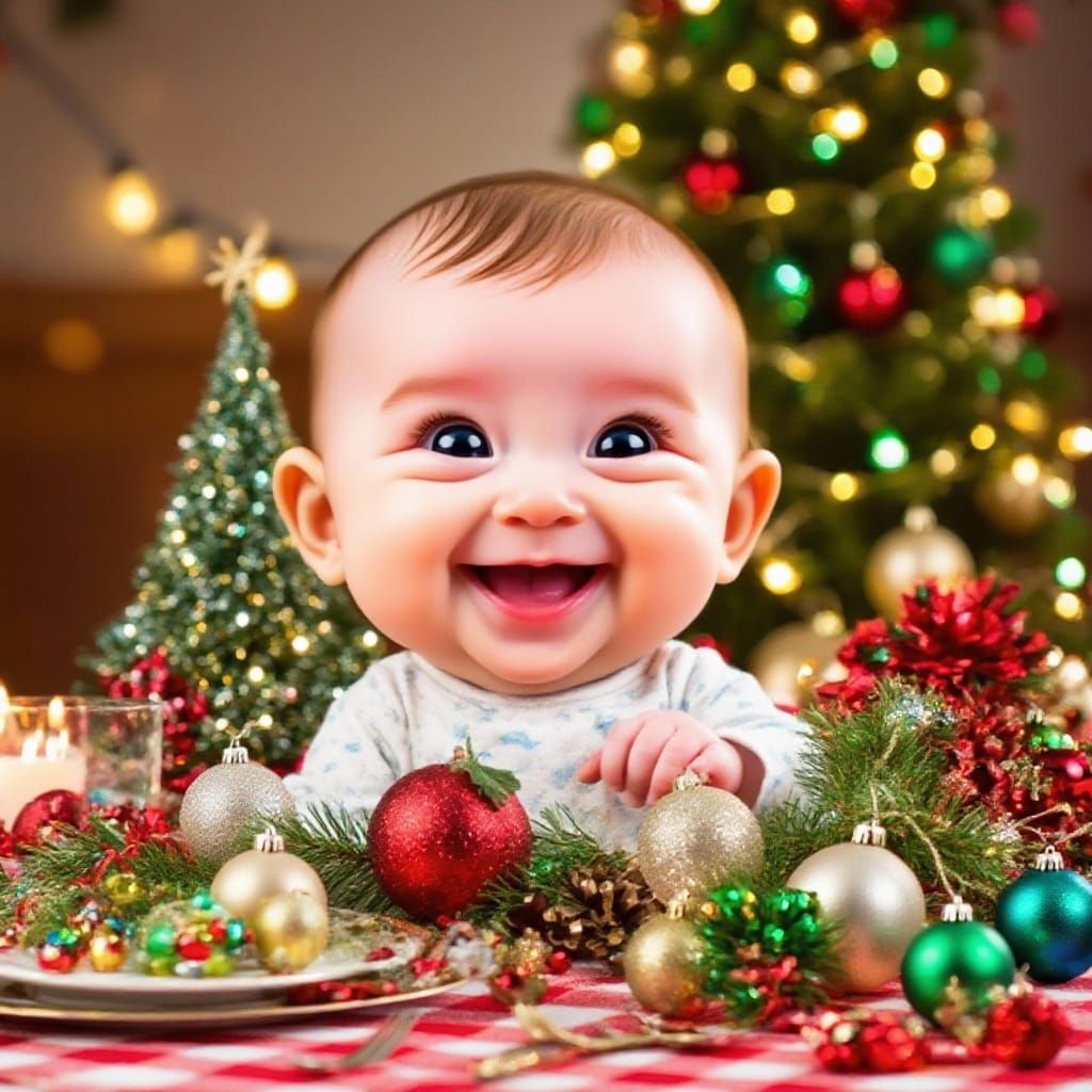 Baby Face at Christmas Table in Pixar Style