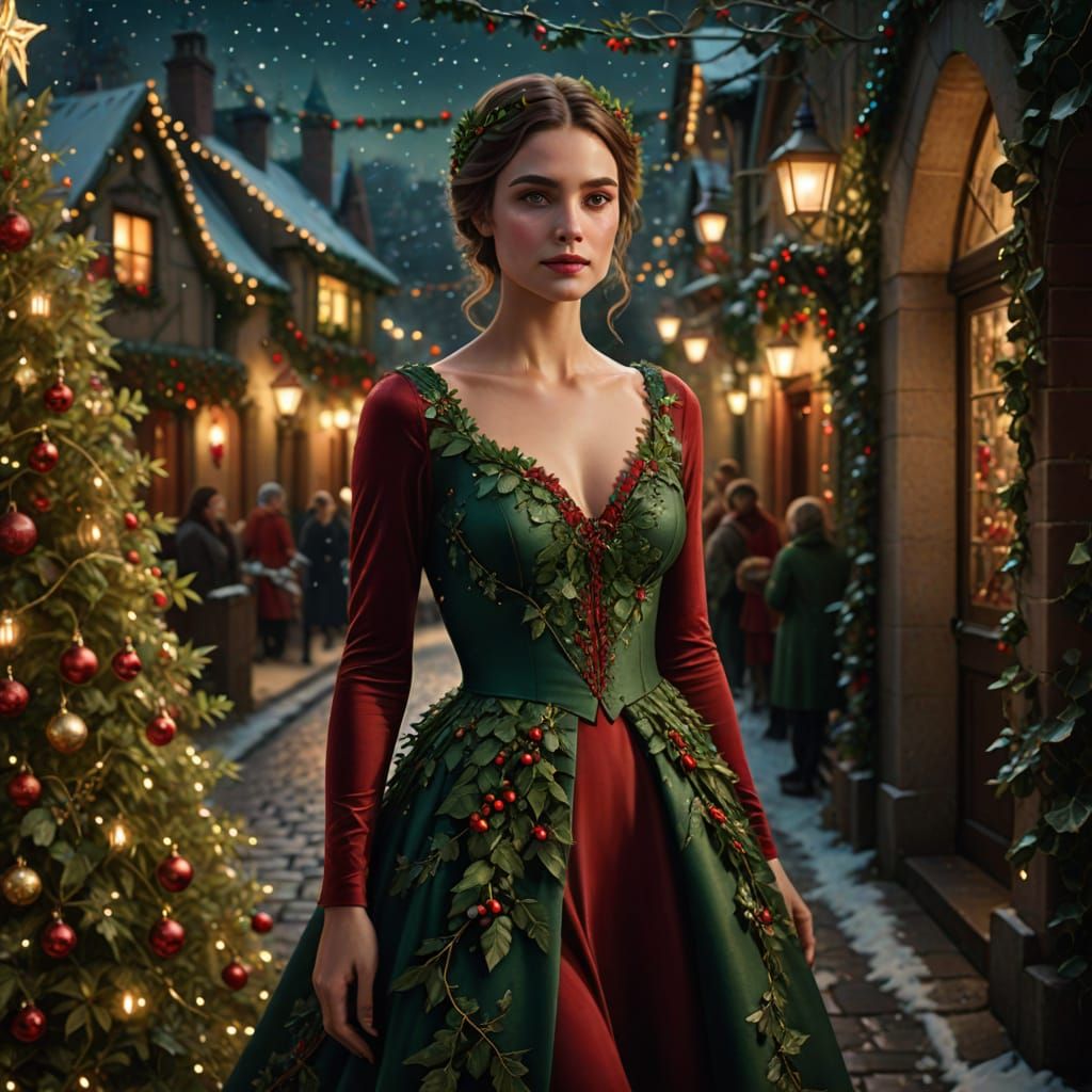 Whimsical Christmas Dress Digital Painting with Festive Glow