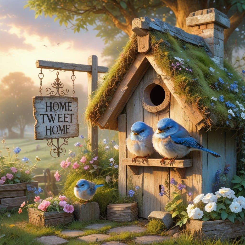 Bluebirds at Birdhouse: Photorealistic Watercolor Sunrise