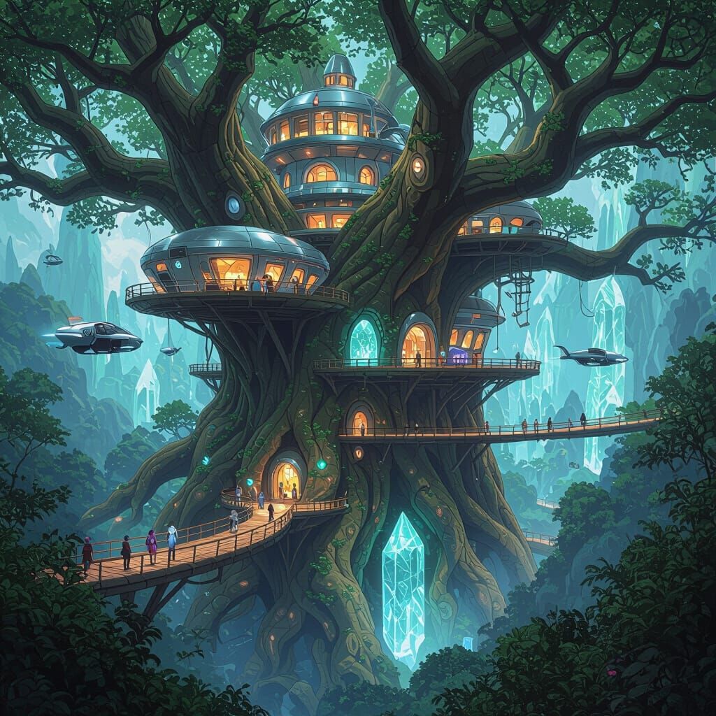 Futuristic Treehouse City in Ancient Tree: Hyper-Detailed Fa...