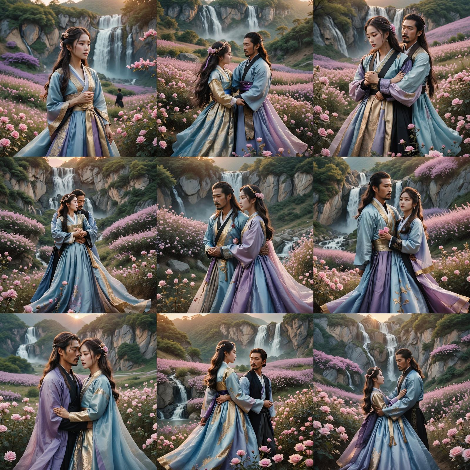 Romantic Embrace in Rose Field, Cinematic Lighting