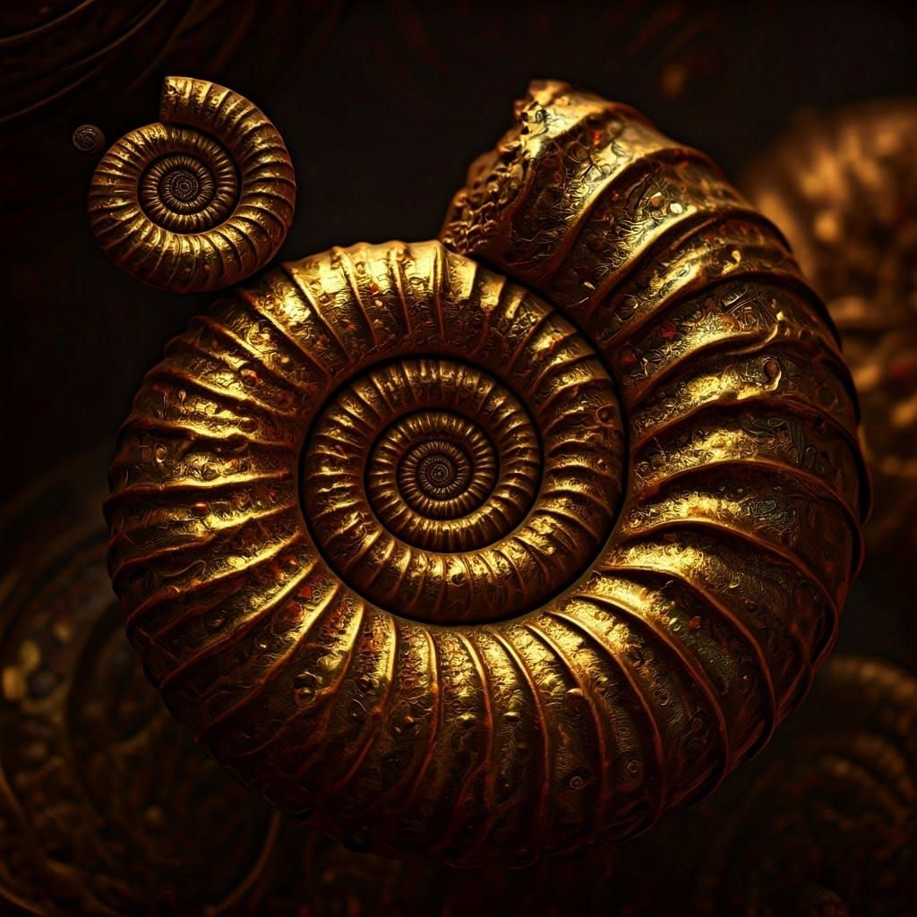 Hyperrealistic Ammonites in Gold and Ruby, Cinematic Lightin...