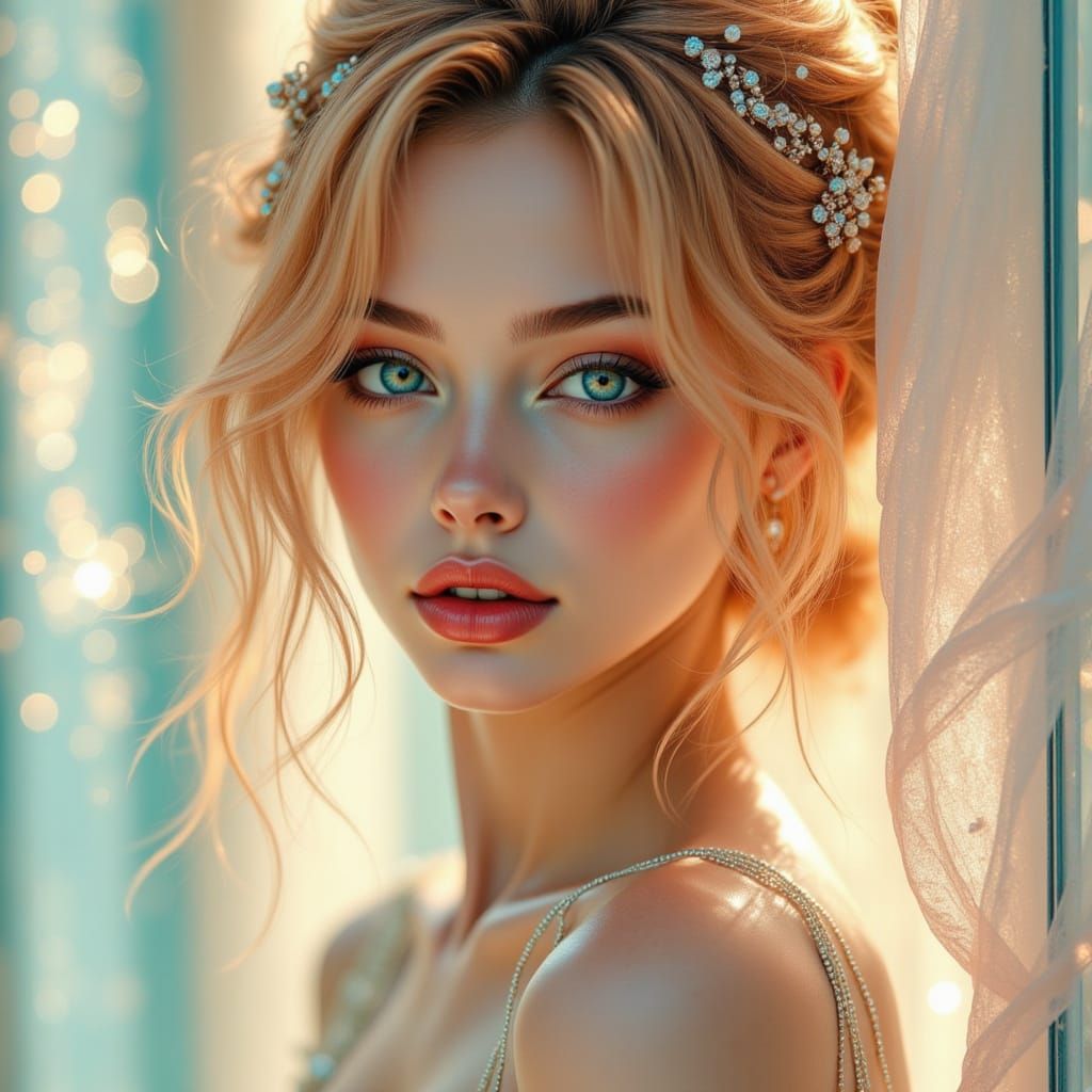 Blond Pin-Up Woman with Teal Hair in Shōjo Luminescence Styl...