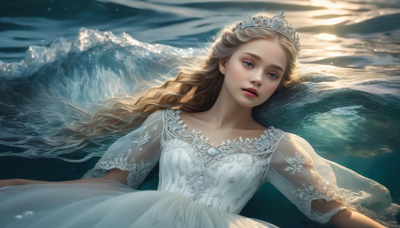Princess Gliding Over Crystal Sea in Dreamy Illustration