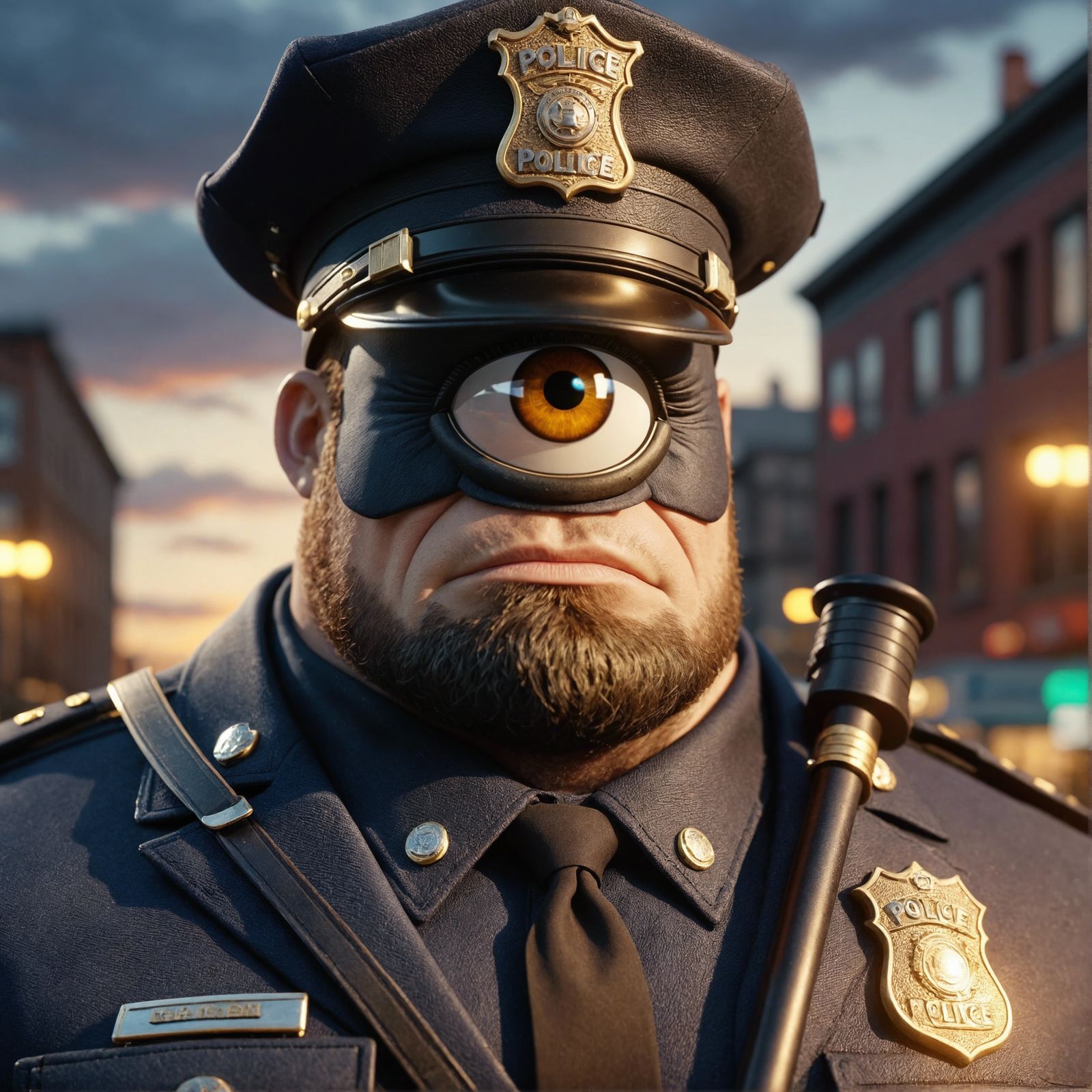 Stern Cyclops Officer Watches Over Precinct