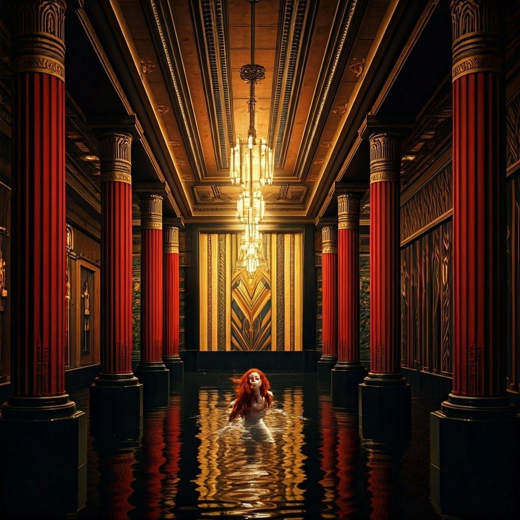 Art Deco Woman Swimming in Opulent Hall