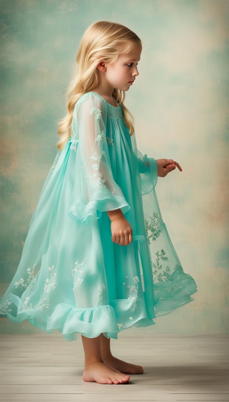 Little Blond Girls in Sheer Aqua Peignoirs