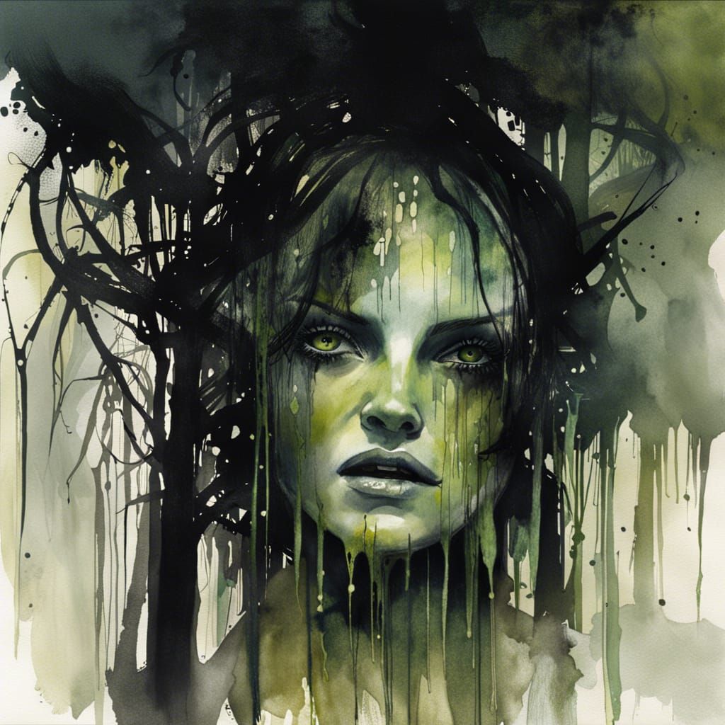 Swamp Scene with Shadowy Creatures in Watercolor Style