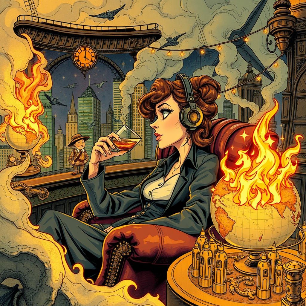 Engineer Watches Burning Globe in Maximalist Fantasy City