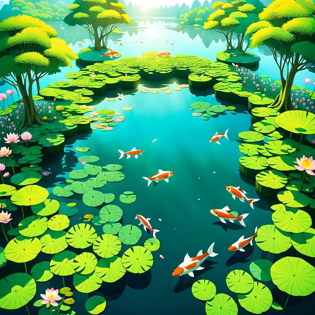 Floating Island Paradise: Lotus Lake and Koi