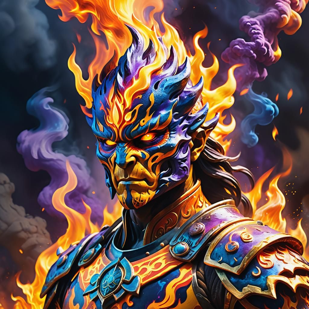 Fiery Elemental Warrior in Anime-Inspired 3D Art