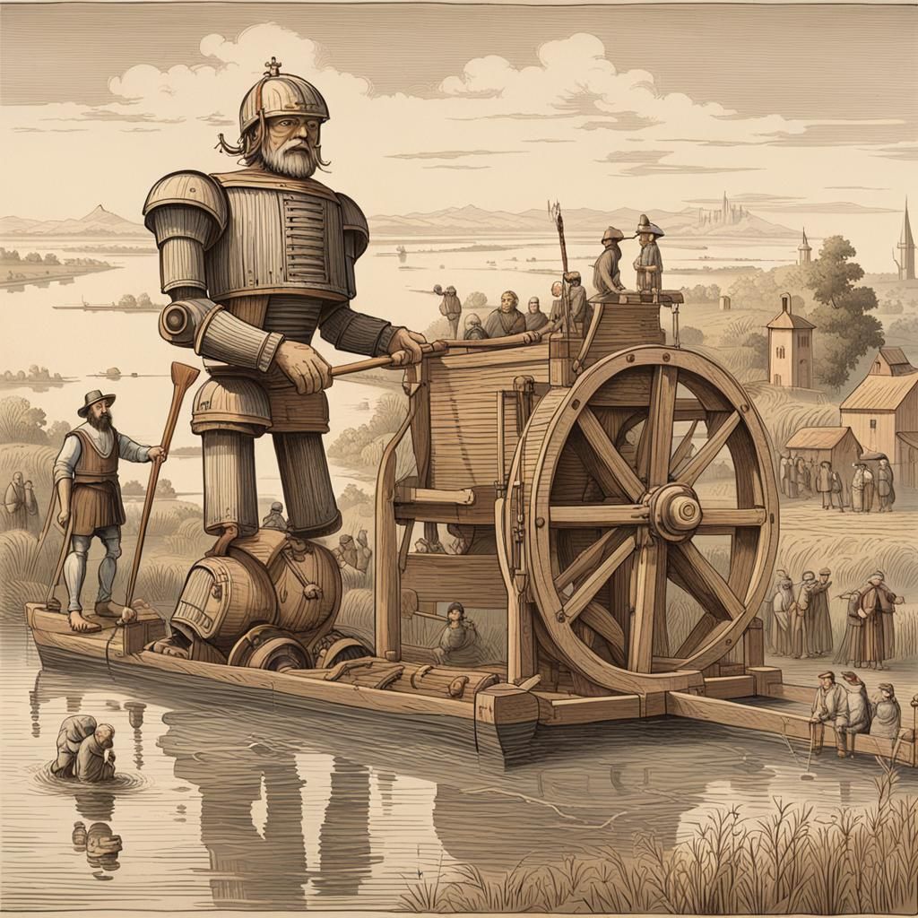 16th Century Riverbank Robot Milling Wheat