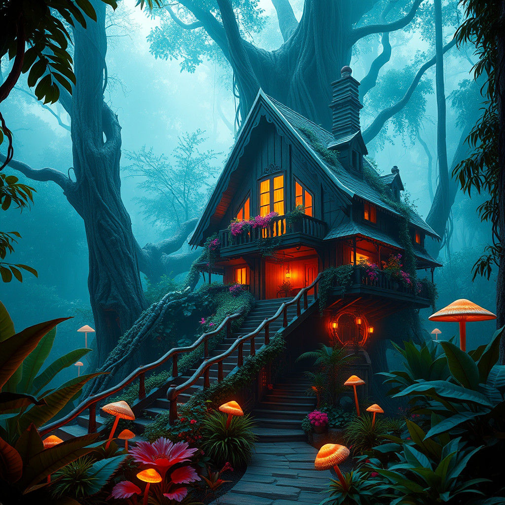Lush Jungle House in Atmospheric Matte Painting Style