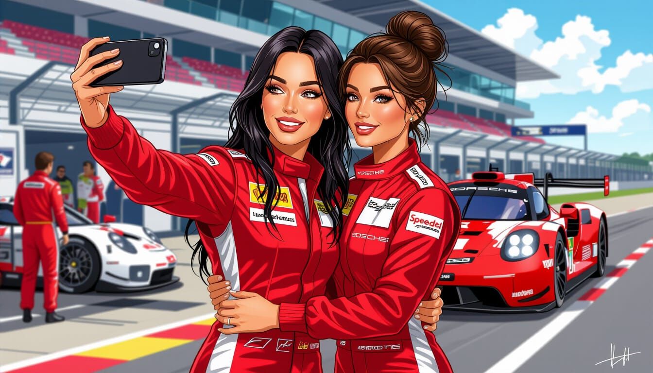 Two Race Drivers Celebrate Teamwork in Le Mans Paddock