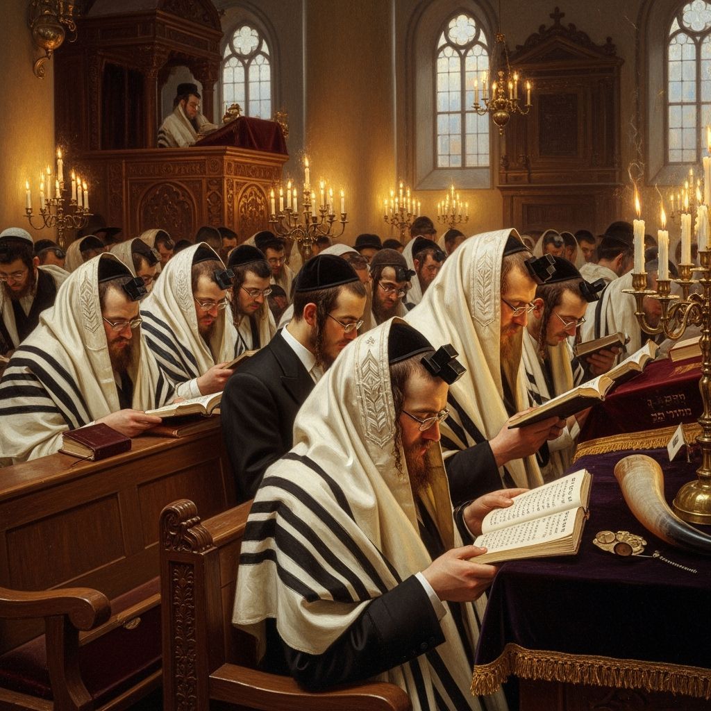 Haredi Men Praying at Dawn in Ornate Synagogue